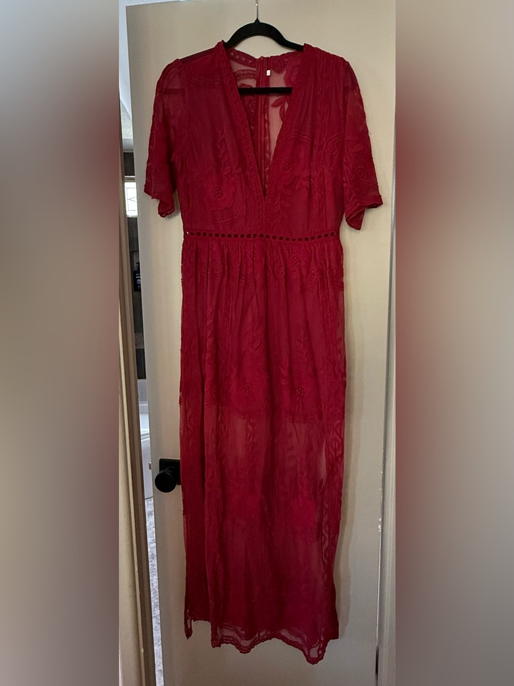 Red Lace Overlay Midi Dress